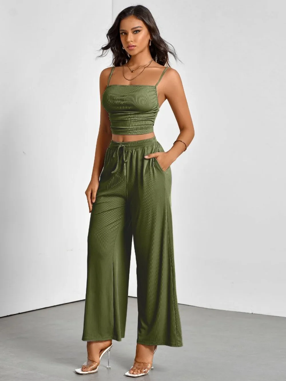 Olive Green Textured Spaghetti Strap Crop Top & Drawstring Wide Leg Pants 2 Piec
